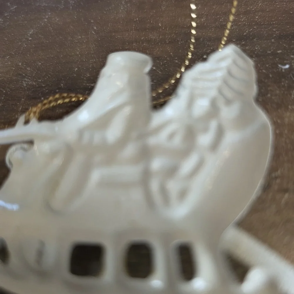 Santa Sleigh Christmas Ornament White‎ Gold Tone Bells Old Style Folk Art Metal